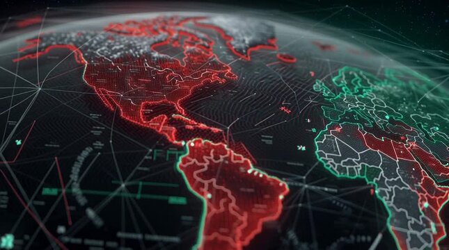 Digital art representation of global trade zones highlighting sanctioned and trade-friendly areas in vivid red and green
