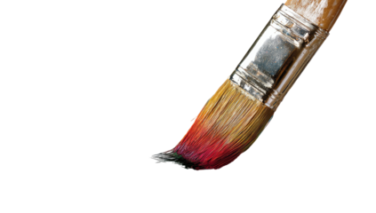 Close-up of paintbrush tip, vibrant color, wooden handle, isolated on black