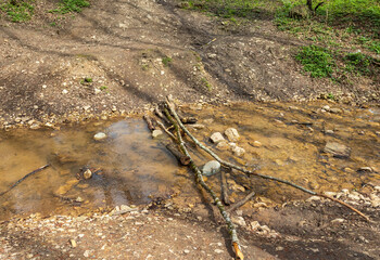 spring in nature, a shallow riverbed with a small flow of water in a wooded area
