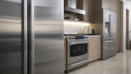 Fototapeta premium Contemporary kitchen interior featuring stainless steel appliances including refrigerator, oven, and range hood, featuring soft lighting and neutral cabinetry creating the sleek atmosphere
