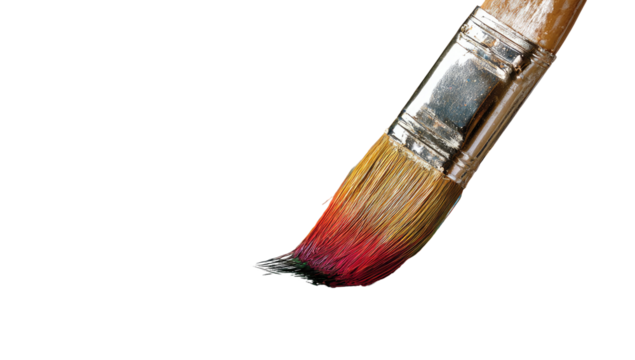 Close-up of paintbrush tip, vibrant color, wooden handle, isolated on black