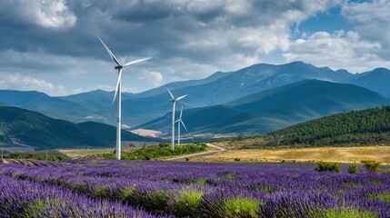 Green environmental protection theme, small power station composed of wind turbines and vertical axis windmills, a lavender field below, background is rolling hills