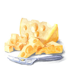 Still life painted in watercolor with cheese and cheese knife