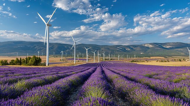 Green environmental protection theme, small power station composed of wind turbines and vertical axis windmills, a lavender field below, background is rolling hills