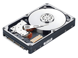 Internal view of an open computer hard disk drive showing spinning platters and read write head