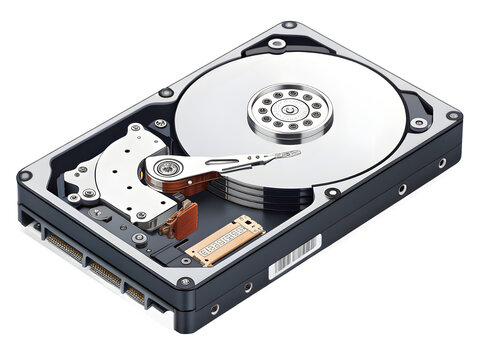 Internal view of an open computer hard disk drive showing spinning platters and read write head