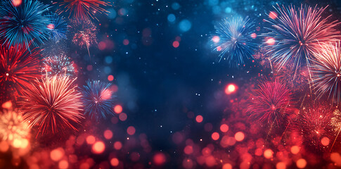 Festive red and blue fireworks bursting in corner with copy space, wide panoramic banner background for holiday celebration, Independence Day, New Year’s Eve, patriotic themes and party invitations.
