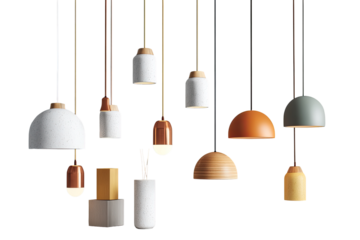 Collection of pendant lamps in various muted tones.  Different shapes and materials.  Warm, inviting aesthetic