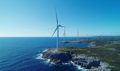 Offshore wind farm with white turbines standing tall in blue waters under expansive blue skies, harnessing natures power to produce clean, renewable energy for a sustainable future, Generative AI