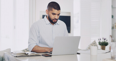 Remote work from home, laptop and man with financial planning, deadline and inflation research....