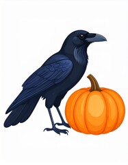Fototapeta premium Pixel Art of Black Raven Perched Near an Orange Pumpkin on White Background