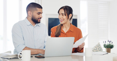Documents, laptop and money with couple in kitchen of home together for finance or investment....