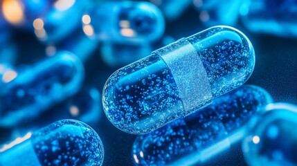 Intricate details of translucent blue capsules, encapsulating health solutions
