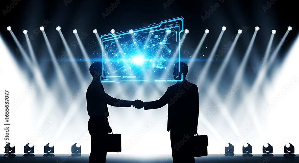 Poster business handshake with digital interface under spotlights on a stage like presentation setup ai gen