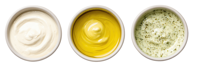 Three small white bowls of different sauces (1)