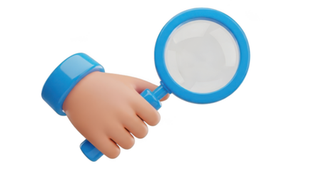 Hand holding magnifying glass isolated on transparent background
