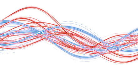 Dynamic abstract flowing lines of vibrant red, blue, and white create energetic design- PNG transparent background