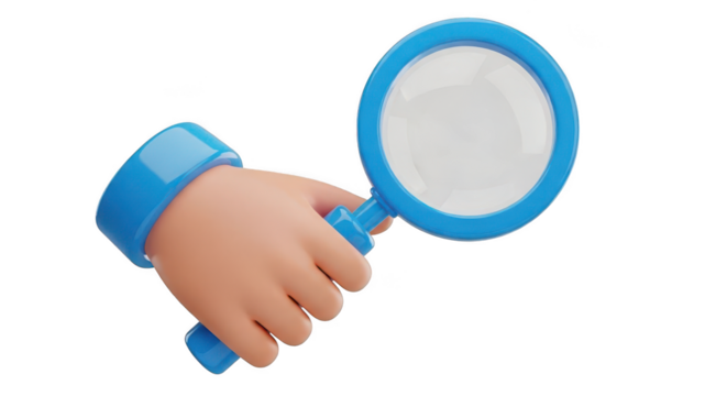 Hand holding magnifying glass isolated on transparent background
