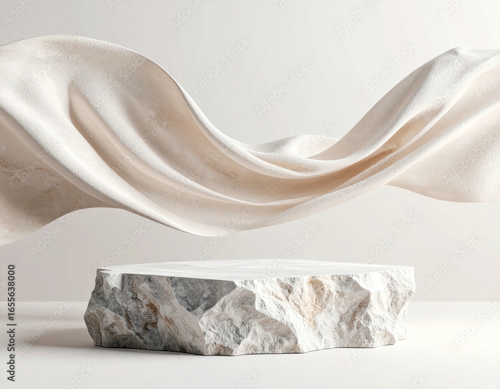 Poster elegant stone podium with flowing white fabric in minimalist background for product display