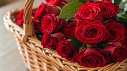 Close Up of Red Roses in Wicker Basket with Sharp Focus and Detailed Petal Textures