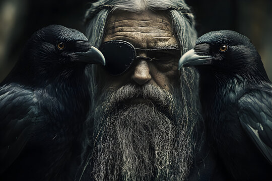 Norse god Odin seated with his two ravens Huginn and Muninn, Viking mythology Allfather figure, ancient Scandinavian legend concept of wisdom, power, and mythological symbolism background