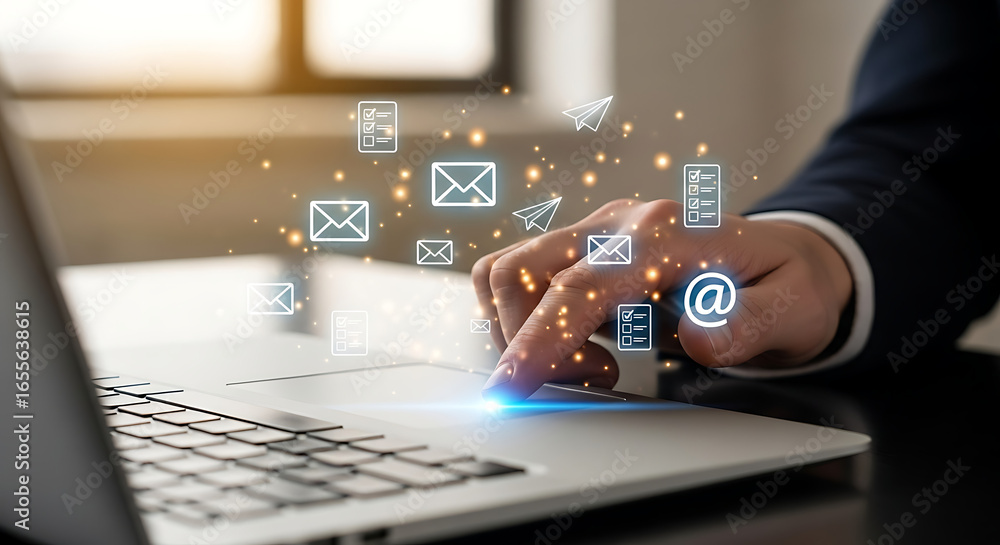 Poster close up of a hand using a laptop touchpad with email and document icons floating above the surface 