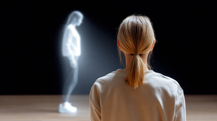 Digital twin concept shows woman facing ai simulation hologram in dark room with emotional atmosphere and futuristic technology