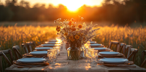 Long rustic dining table in wheat field set for autumn outdoor banquet, fall harvest season party tablescape, countryside celebration concept with natural seasonal decorations
