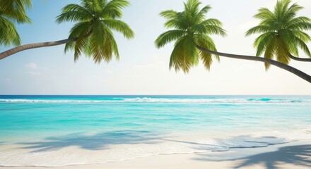 Tropical Beach Scene with Green Palm Trees Calm Blue Ocean and White Sand