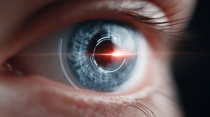 Digital twin technology enhances ai vision simulation with futuristic eye scanning and biometric recognition in close up human eye image
