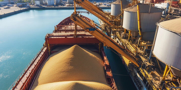 Loading grain into cargo ship at busy port facility Generative AI