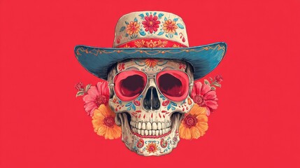 A decorative sugar skull adorned with intricate floral designs and vibrant colors wears oversized sunglasses. The striking red background enhances the celebratory theme, suitable for a festival.