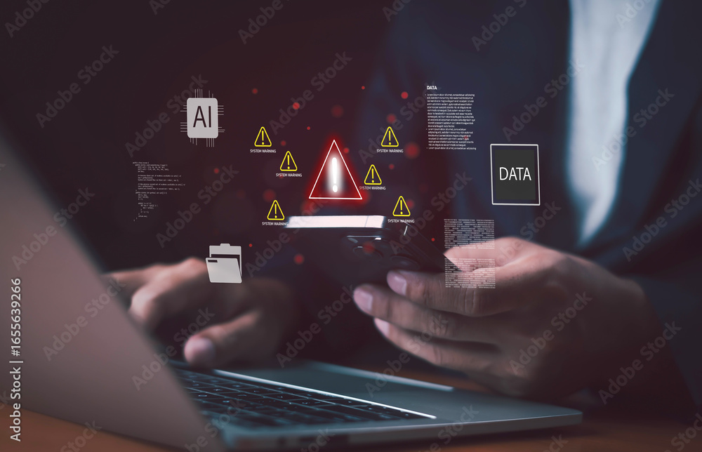 Poster artificial intelligence security risk with data warning alert on laptop and smartphone, symbolizing 