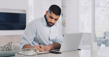 Remote work from home, writing and man with laptop, review and research for article. Person,...
