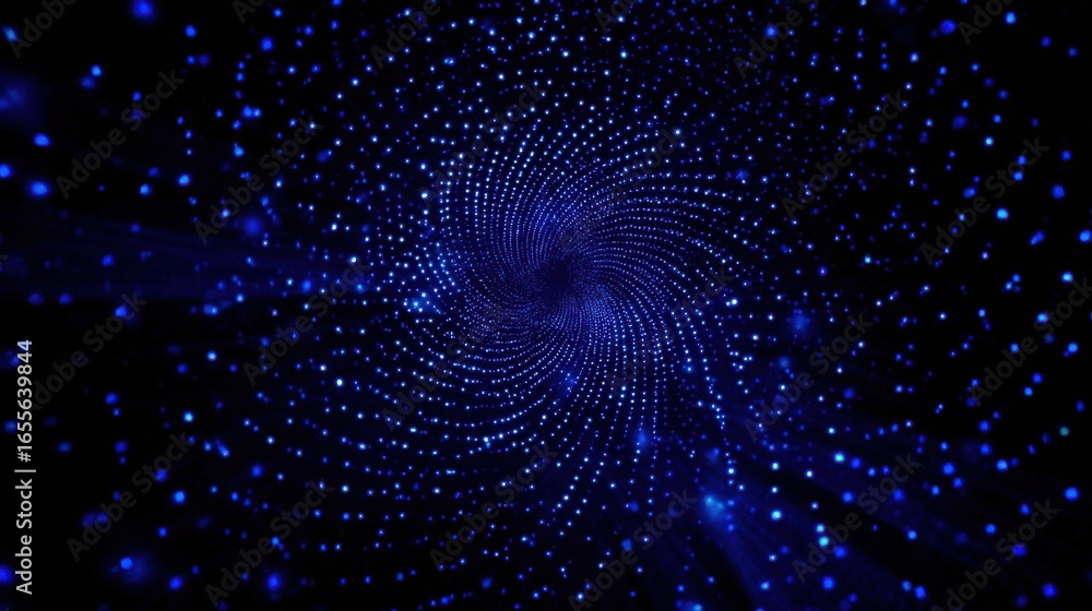 Poster a vibrant spiral of blue dots and light forms an enchanting vortex against a black backdrop, evoking