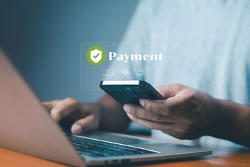 Secure mobile payment concept with smartphone and laptop, showing digital transaction, e-commerce shopping, online banking, fintech innovation, and safe money transfer in financial technology.
