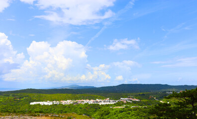 Scenic View from Ancient Castle Ruins with Blue Sky and Green...