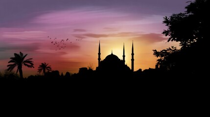 Naklejka premium Sunset silhouette of a mosque istanbul digital art serene landscape wide angle cultural heritage
