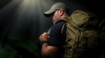 Obraz premium Adventurer's journey dense forest photography mysterious atmosphere close-up exploration