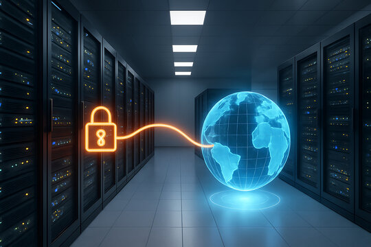 Abstract Digital Lock Icon Connecting to a Globe in a Server Room