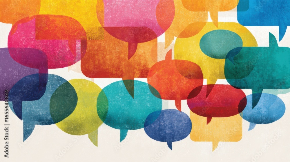 Poster countless vibrant speech bubbles in various colors create a lively atmosphere, representing the dyna