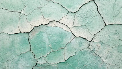 Obraz premium Seafoam green cracked surface with peeling paint or coating revealing layered deterioration through environmental exposure and aging.
