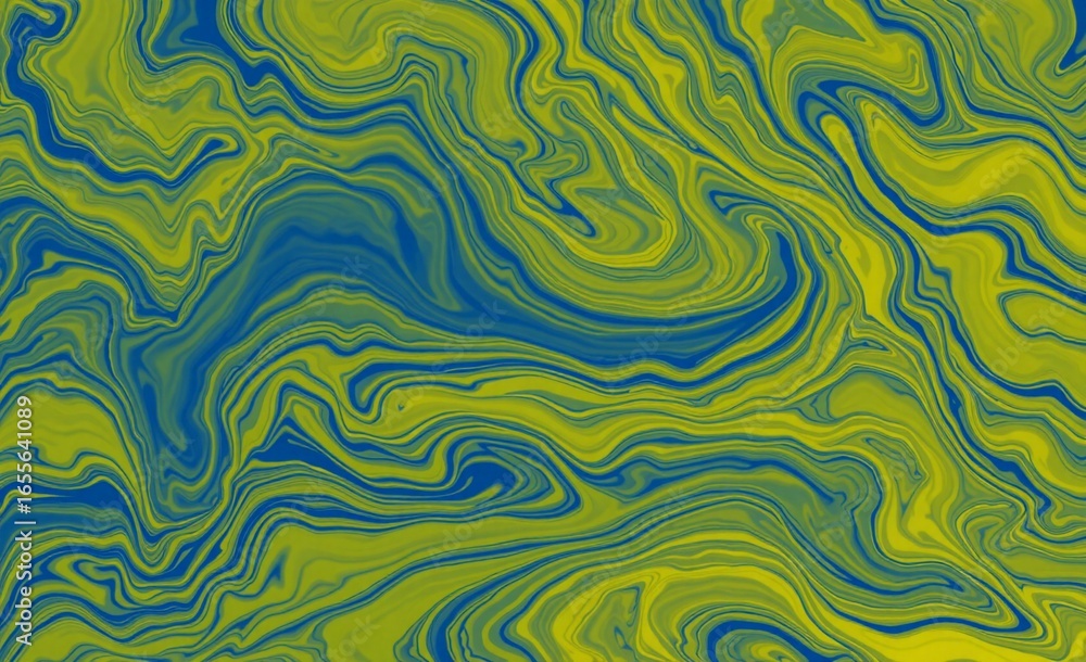 Poster a vibrant abstract pattern featuring swirling waves of bright yellow-green and deep blue, creating a