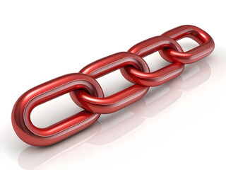 Obraz premium 3 D Render of a Metallic Red Matte Finish Chain Link Section Showing Four Interconnected Links Against a White Background with a Reflective Surface