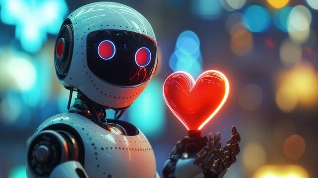 Illustrative video of robot falls in love in a futuristic world, celebrating valentine's day with a romantic and futuristic vibe. Robotic love.