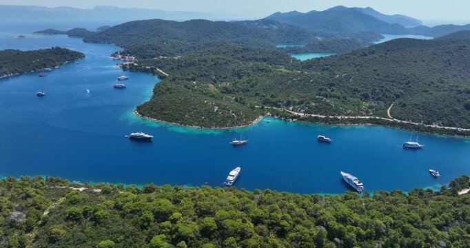 Charter Boats At The Paradise Island Of Mljet National Park In Croatia. Aerial Drone Shot