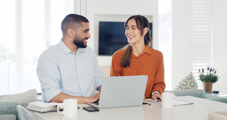 Budget, laptop and smile with couple in kitchen of home together for finance or investment....