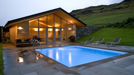 Fototapeta premium Modern wooden house, illuminated pool, mountain, relaxation, evening, peaceful atmosphere
