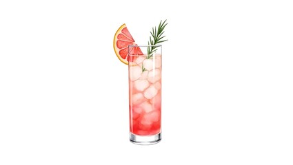 Illustration of a Grapefruit Cocktail with Rosemary ofor menu design, beverage advertisements, food blogs, product packaging, and promotional materials for bars and restaurants.n a White Background.