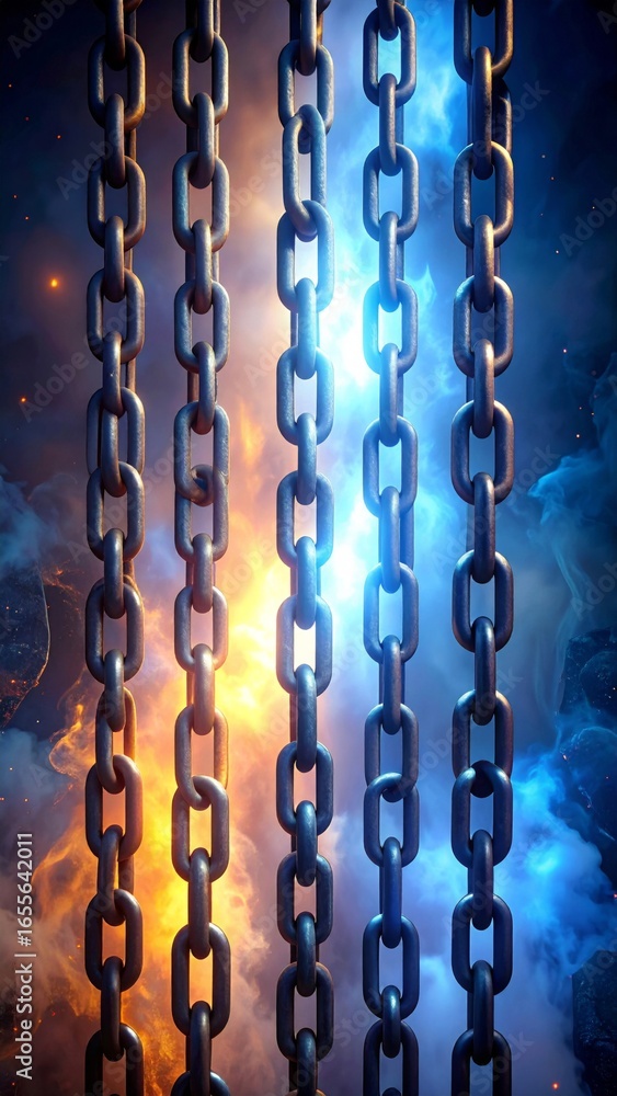 Aufkleber chains hanging vertically against an abstract background with blue and orange gradient
